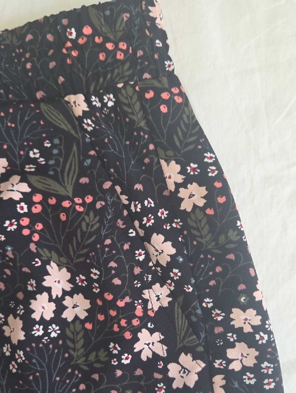 Loft Black & Pink Floral Midi Skirt W/ Pockets Elastic Waistband Summer Large - Picture 4 of 6